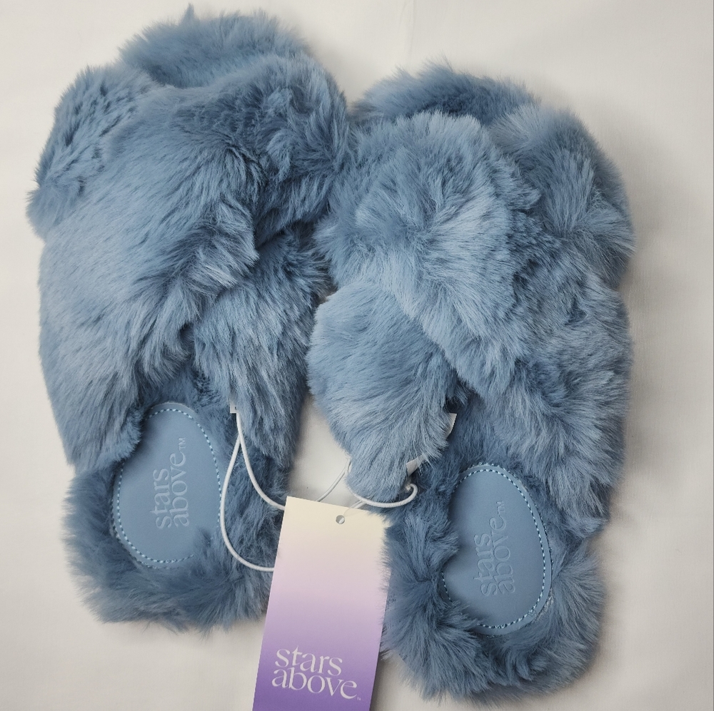 BLUE Fluffy Criss Cross Slippers- Small (5-6)
